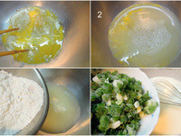 製作麵糊：1. 1顆蛋先打散。2. 加入水攪拌。3. 加入麵粉，鹽巴及玉米粉。4. 加入蔥粒，用打蛋器，全部混合均勻，成為水狀麵糊。