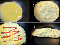 製作蛋餅：1. 鍋熱，下1顆打散的蛋，轉動鍋子，讓蛋液呈圓形。2. 蓋上ㄧ片麵皮。 3. 加點番茄醬或醬油膏。4. 分三折，將蛋餅捲起。煎到你想要的金黃程度。