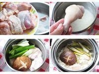 先將雞腿肉略川燙沖洗，再放入洗淨的白米鍋中，並放入蔥段、香菇，灑上適量的鹽巴以白米與水的比例1:2開始燉煮至電源跳起即可